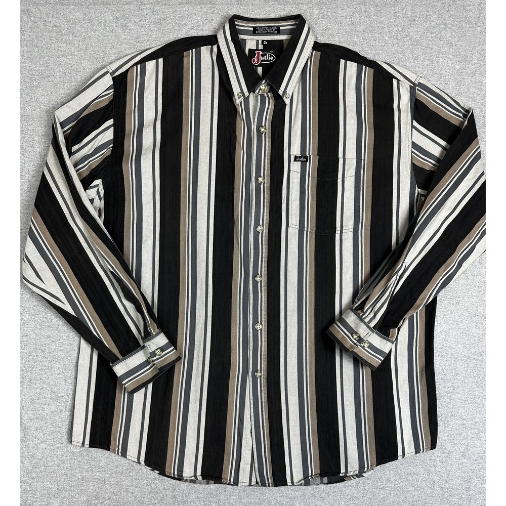 Justin Shirt Mens XL Black Brown Striped Button Down Long Sleeve Western‎ Casual